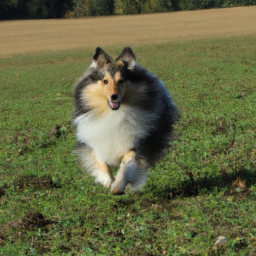 A sheltie is running around the field